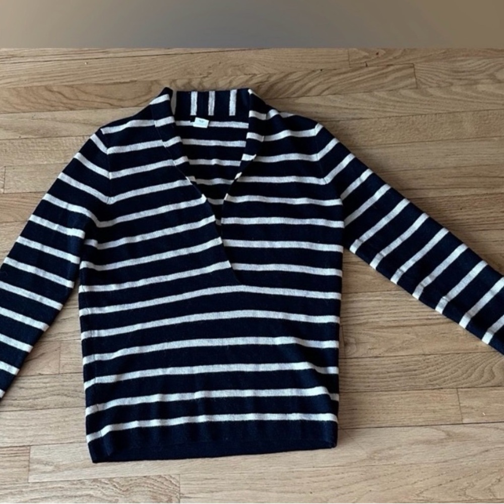 J. Crew Navy and Cream Striped V-Neck 💯 Alpaca Sweater